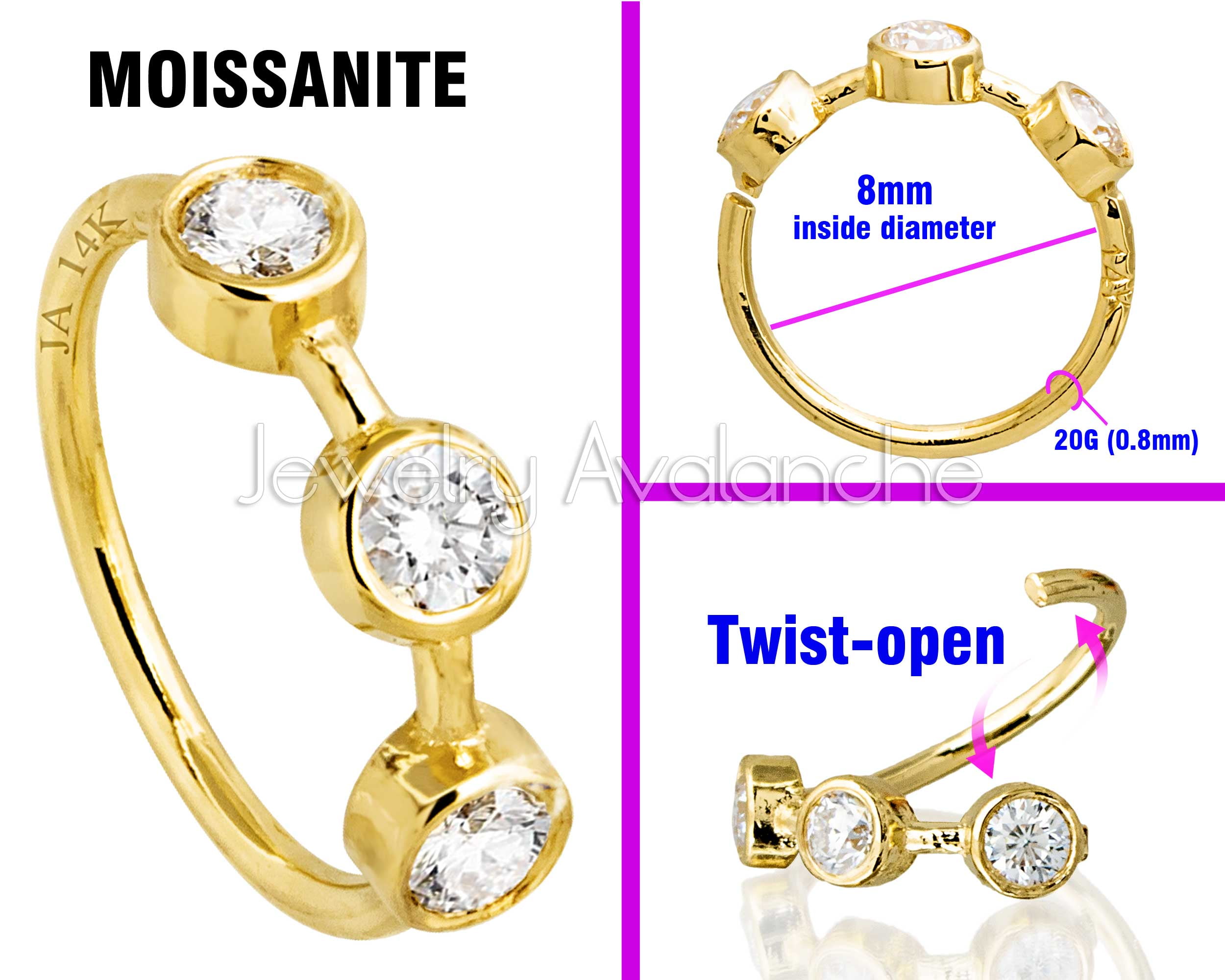 Solid 20G 14Kt Yellow Gold Bezel Set 3-STONE Moissanite Nose Ring - Ear Cartilage Ring - April Birthstone Nose Hoop - 3BZ20MNTYG