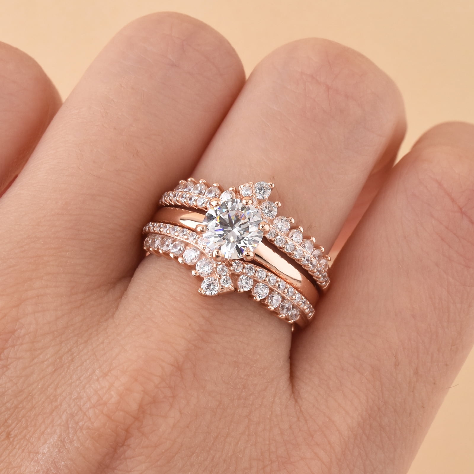 Newshe Wedding Rings for Women Engagement Ring Enhancer Band Bridal Set Sterling Silver 1.8Ct Cz Rose Gold Plated Size 7.5