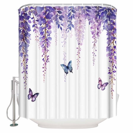 Wisteria Bathroom Shower Curtains with 12 Hooks Polyester Waterproof Shower Curtain for Stalls and Bathtubs Purple Flowers Butterflies Vintage Spring Decorative Bathroom Privacy Curtain 36x72 Inches