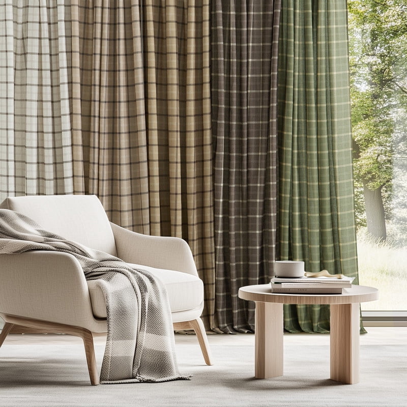 NICETOWN Plaid Curtains 63 inches Long, Linen Grid Pattern Light Filtering Privacy Shade for Kitchen Bedroom, Farmhouse Rod Pocket Back Tab Semi Sheer Curtains, Taupe, 2 Panels