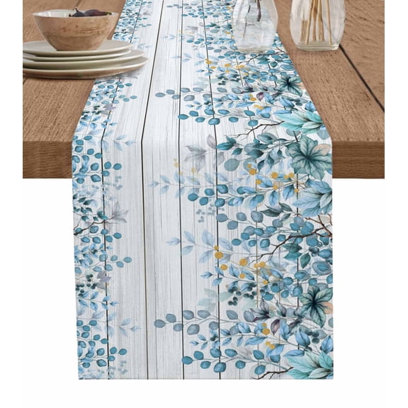 Blue Eucalyptus Leaves Table Runner 60 Inches, Watercolor Plants Floral Wooden Bed Runner Dresser Scarves Tabletop for Indoor Outdoor Parties/Ceremony/Banquet, 13" x 60"