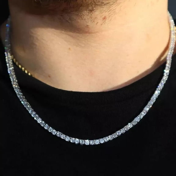 4MM 15Ct Round Cut Lab Created Diamond Men's Tennis Necklace 14k White Gold Plated