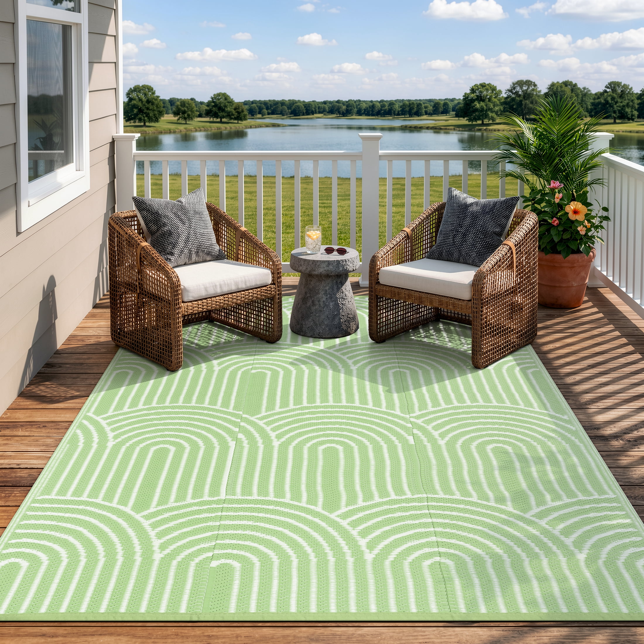 Wonnitar Outdoor Rug Waterproof 5'x8' Lightweight Plastic Straw Rug, Scandinavian Reversible Outside Carpet for RV Patio Deck Porch Balcony Picnic Camping Beach, Green-Rainbow