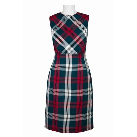 Anne Klein Crew Neck Sleeveless Zipper Back Multi Chekered Pattern Cotton/Linen Dress