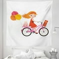 thumbnail image 1 of Bike Party Tapestry, Cartoon Drawn Happy Girl on Bicycle Going to Birthday Celebration Pattern, Fabric Wall Hanging Decor for Bedroom Living Room Dorm, 5 Sizes, White Multicolor, by Ambesonne, 1 of 1