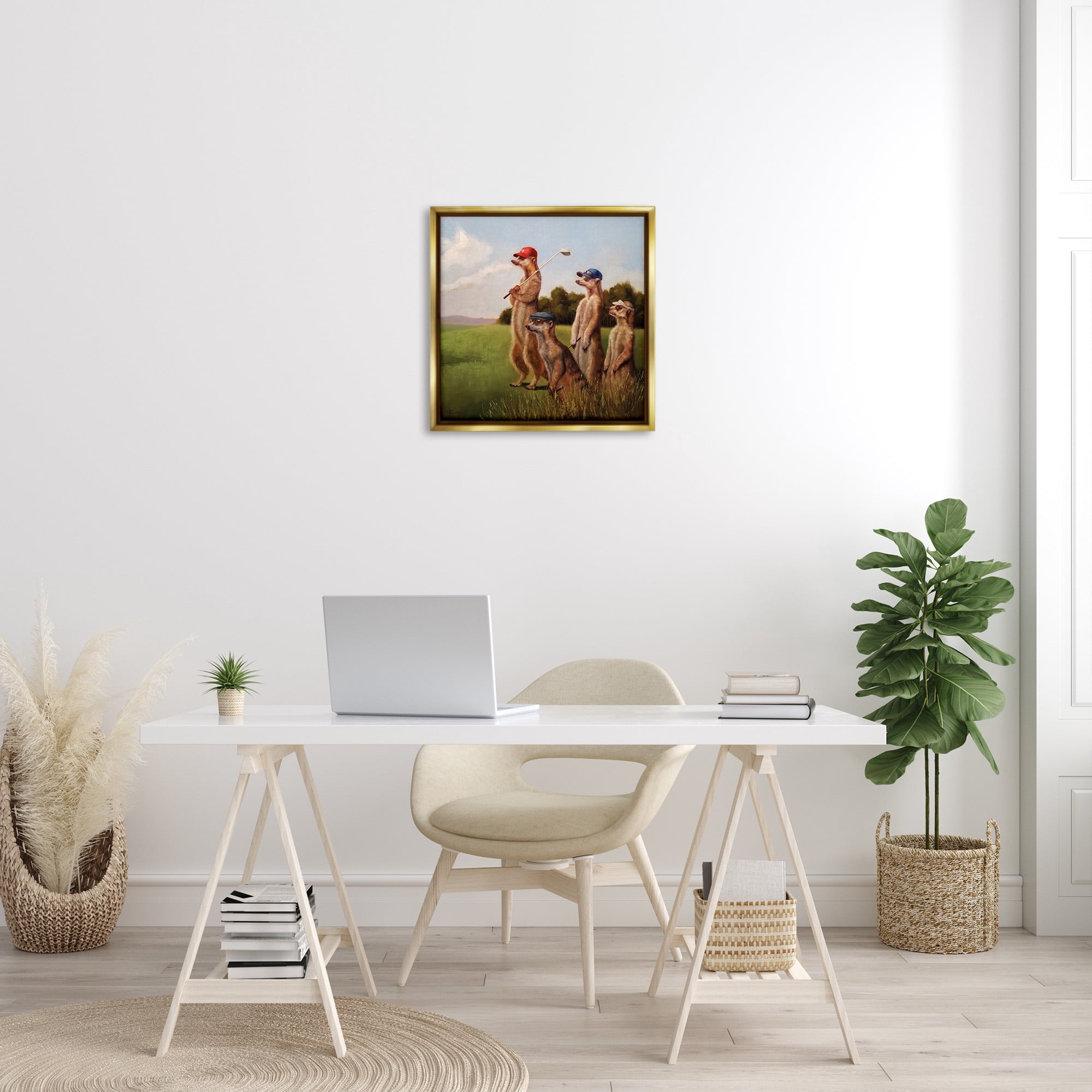 Stupell Industries Meerkats Playing Golf Animals & Insects Painting Gold Floater Framed Canvas Art Print Wall Art, 25 x 25