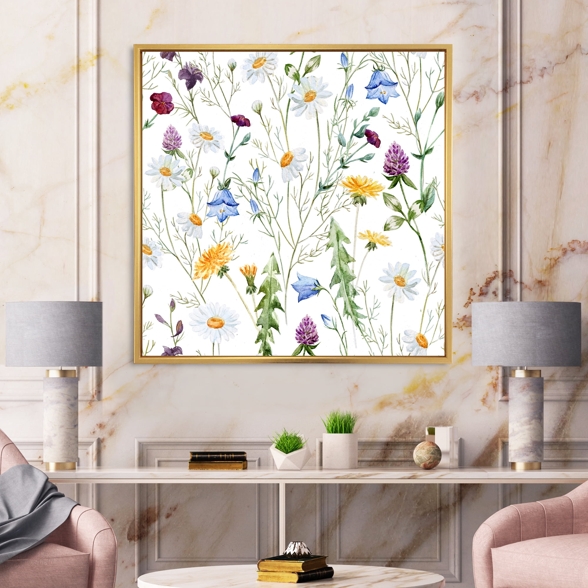 Designart 'Wildflowers Clover Bell and Chamomile III' Traditional Framed Canvas Wall Art Print