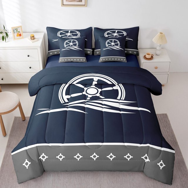 Erosebridal Sailboat Rudder Bedding Sets Full Size for Kids, Ocean Nautical Comforter Sets with Sheets, Navy Blue, Reversible