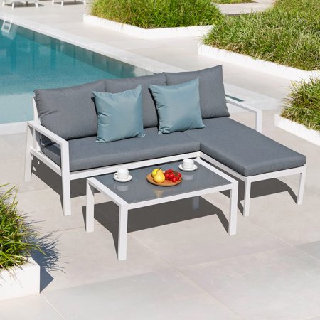 3 Pieces Aluminum Patio Furniture Set, L-Shaped Outdoor Conversation Set with Glass Coffee Table, Patio Sectional Sofa Set for Poolside, Lawn, Backyard, White Finish & Grey Cushion
