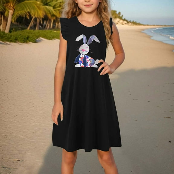 AUNVITO 2025 Easter Children Clothing Toddler Girls Dress Summer Ruffle Sleeve Sundress Outfit for Kids 4-14T