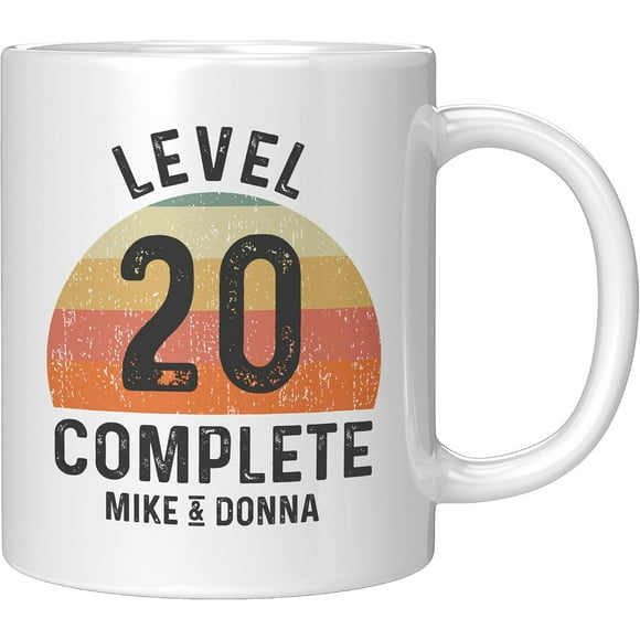 Personalized 20th Anniversary Coffee Mug – Level 20 Complete – Custom Names – Gift for 20 Year Wedding Anniversary – 11oz White Ceramic Cup