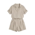 thumbnail image 4 of ClodeEU Women's 2 Piece Linen Cotton Outfits,Collared Button Down Shirt and High Waist Wide Leg Shorts Set,Casual Summer Loungewear with Pockets Beige,Women's Plus L, 4 of 8
