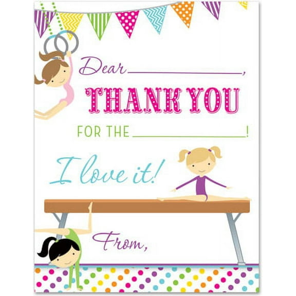 Gymnastics Fill-In Birthday Thank You Cards and Envelopes - 20 count