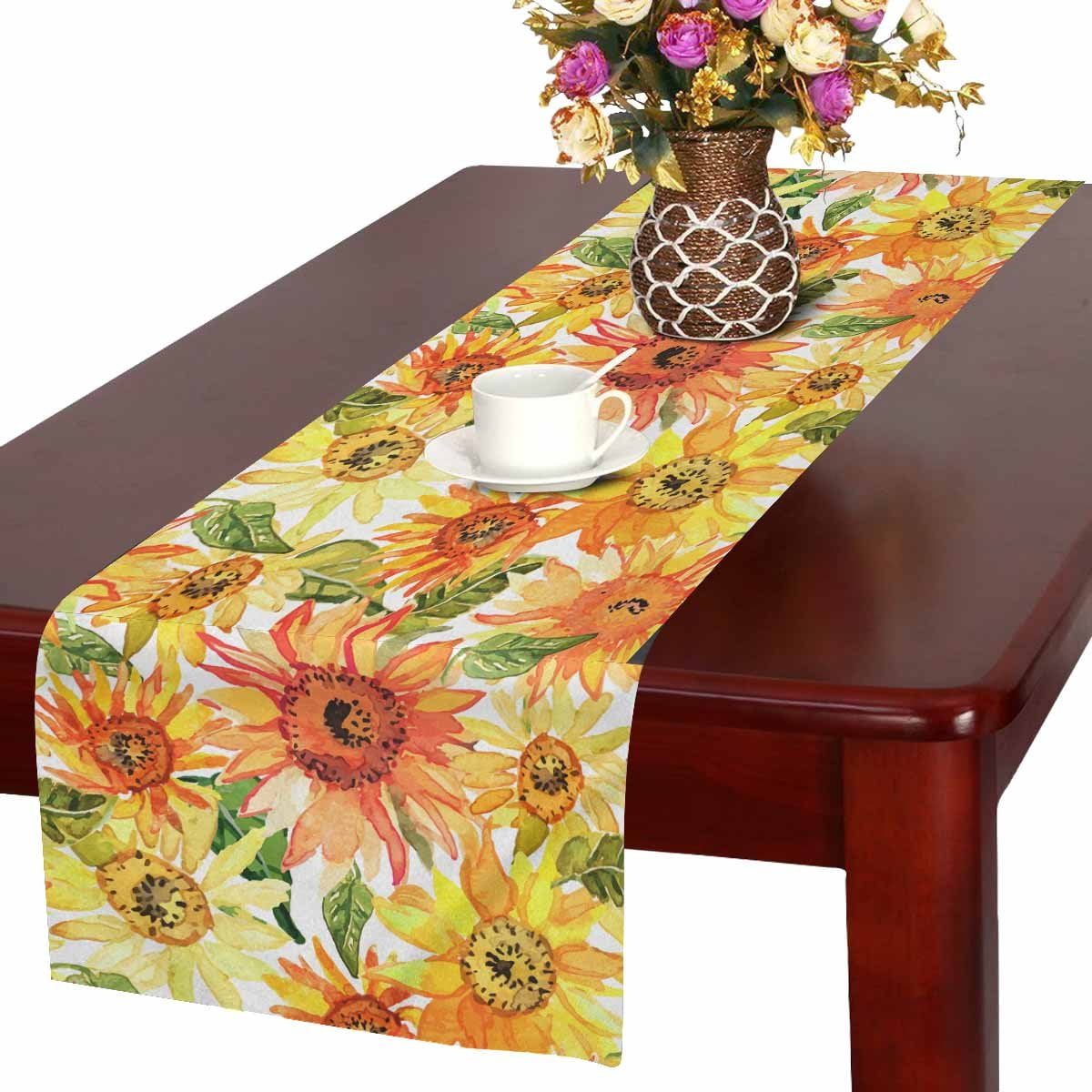 MKHERT Watercolor Sunflower Table Runner, Summer Floral Table Cloth