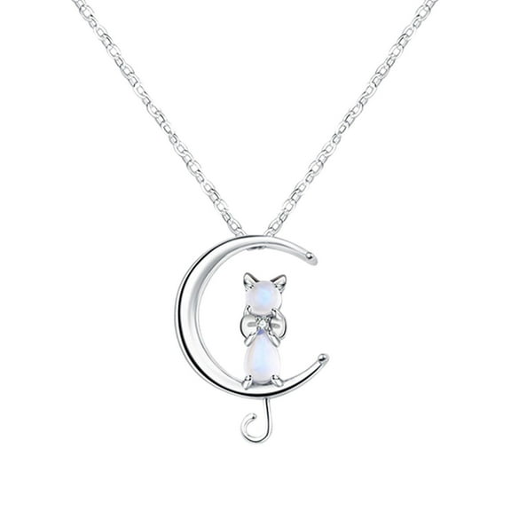 Women Moonstone Cat Pendant Chain Necklace 925 Sterling Jewellery Silver H5A5