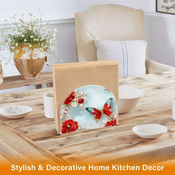 BZSMCE Napkin Holder Creative Elegant Butterfly Amidst Roses Pattern Classic Napkin Holders