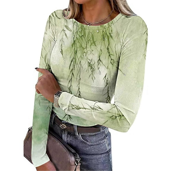 EchfiProm Winter Tops for Women Slim Ribbed Long Sleeve Graphic Crew Neck Ladies T-Shirt