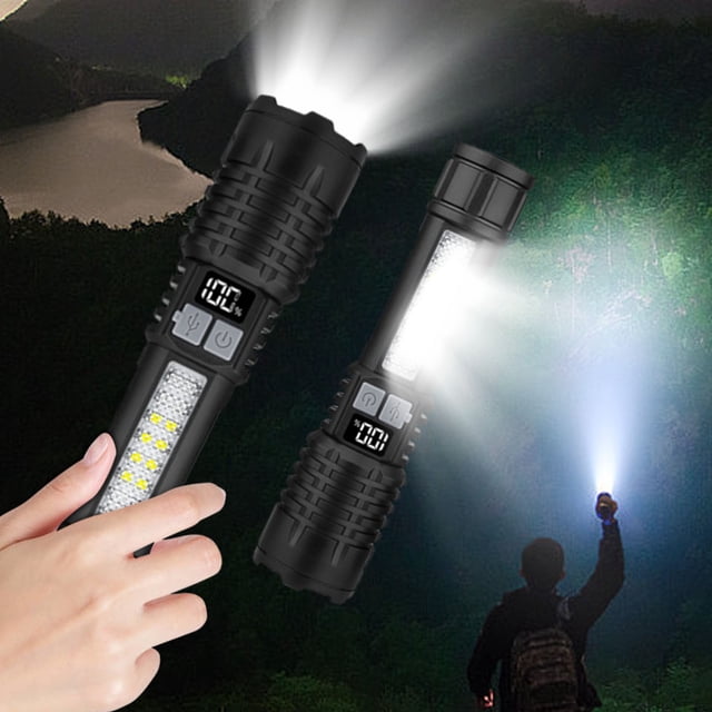 Xihbxyly Linterna Recargable con Empuñadura, Pantalla Digital Mejorada, Luz Superbrillante, Carga Rápida Inteligente, Enfoque Ajustable, Multiusos, para Actividades Al Aire Libre, Diseño Telescópico,