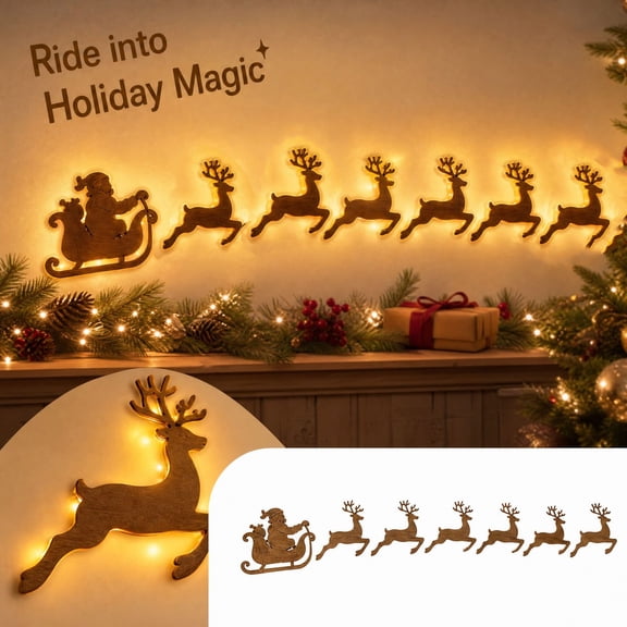 7 Pc Lighted Wooden Santa Sleigh and Reindeer Christmas Wall Decor, LED Wooden Cutout Christmas Decorations, Warm Backlit Wooden Signs for Holiday Wall Mantel Home Decor