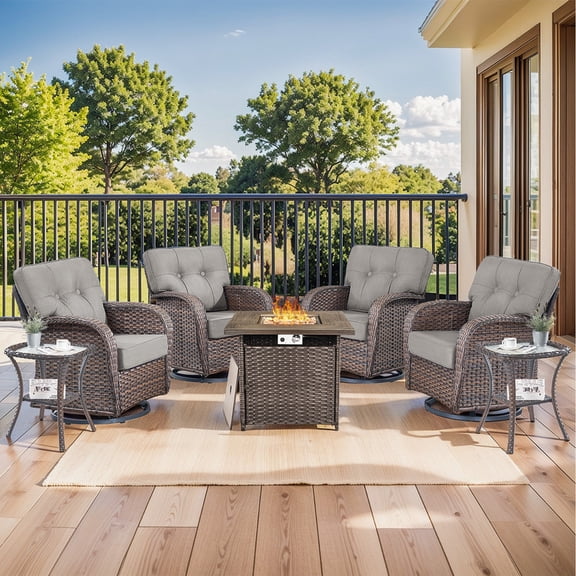 Gymojoy Outdoor 7-Piece Patio Furniture Set with 5 inch Thick Swivel Glider Chairs and 30 Inch Square Fire Pit Table, Wicker Deep Seat Outdoor Conversation Set for Balcony Deck