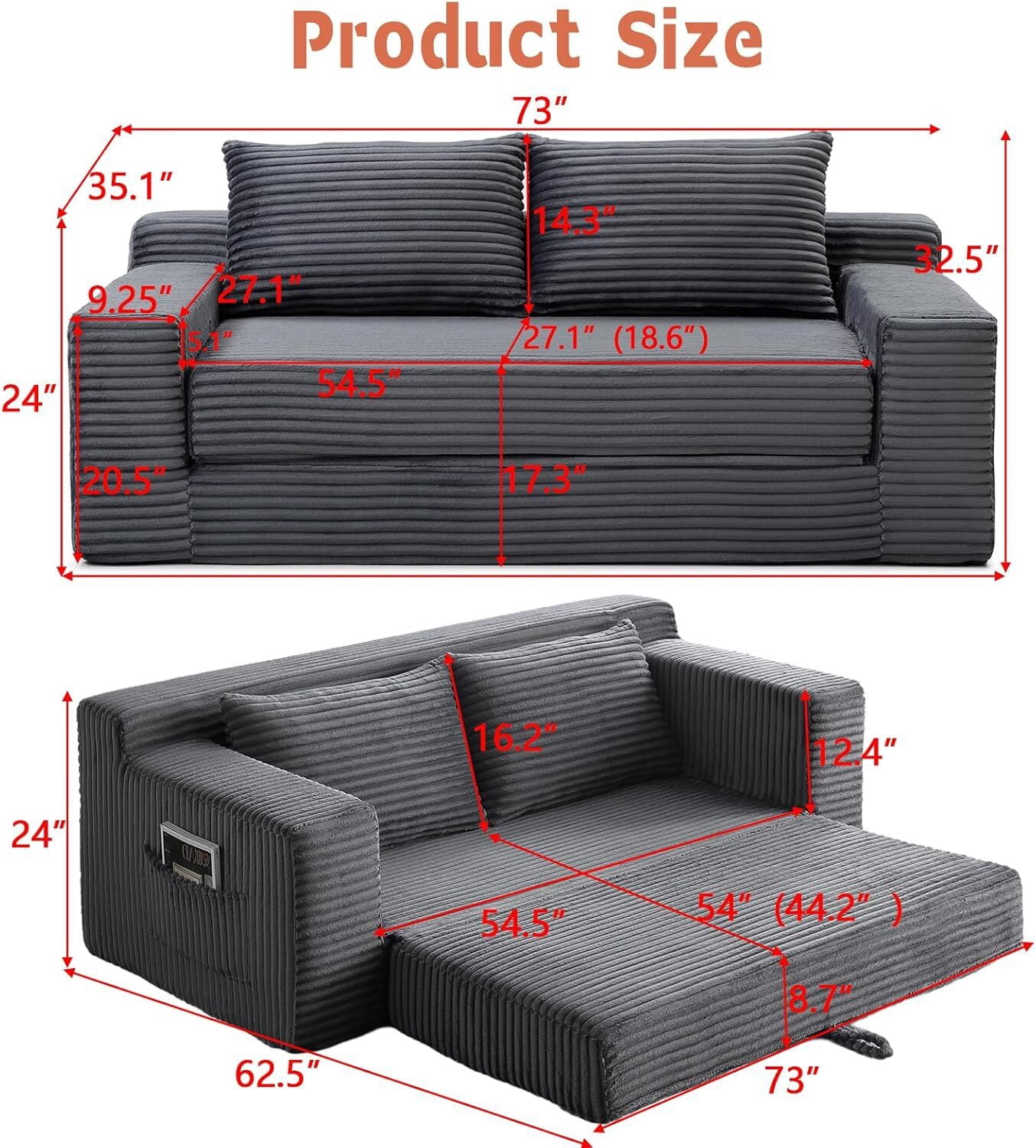 Howcool 73" Boneless Loveseat Sleeper Sofa,2 in 1 Pull Out Convertible Corduroy Floor Couch with Side Storage Pockets & 2 Throw Pillows,Foldable Guest Couch for Living Room,No Assembly Required,Grey