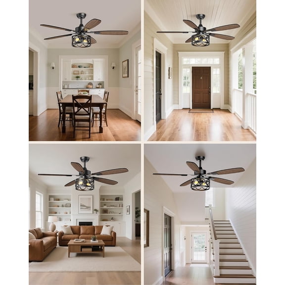 42 Inch Vintage Caged Ceiling Fan with Light and Remote, 5 Blades 6 1 Speed -quiet Flush Mount for Farmhouse Living Room Kitchen Porch