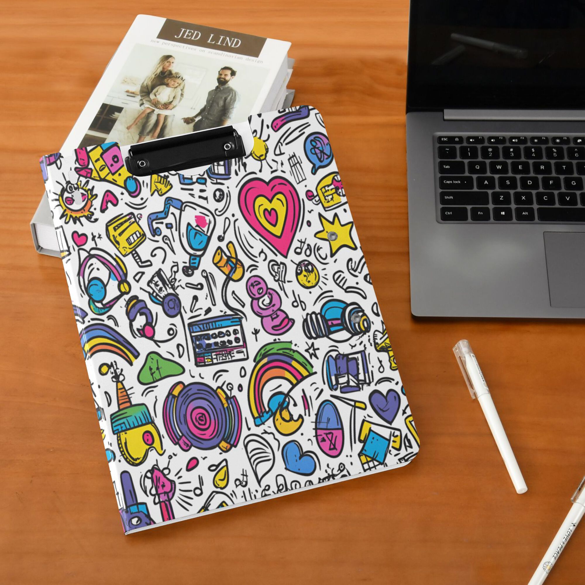 FORMRS A4 Clipboard Folder with Pen Holder Horizontal Foldable School Office Binder, White Doodle Pattern