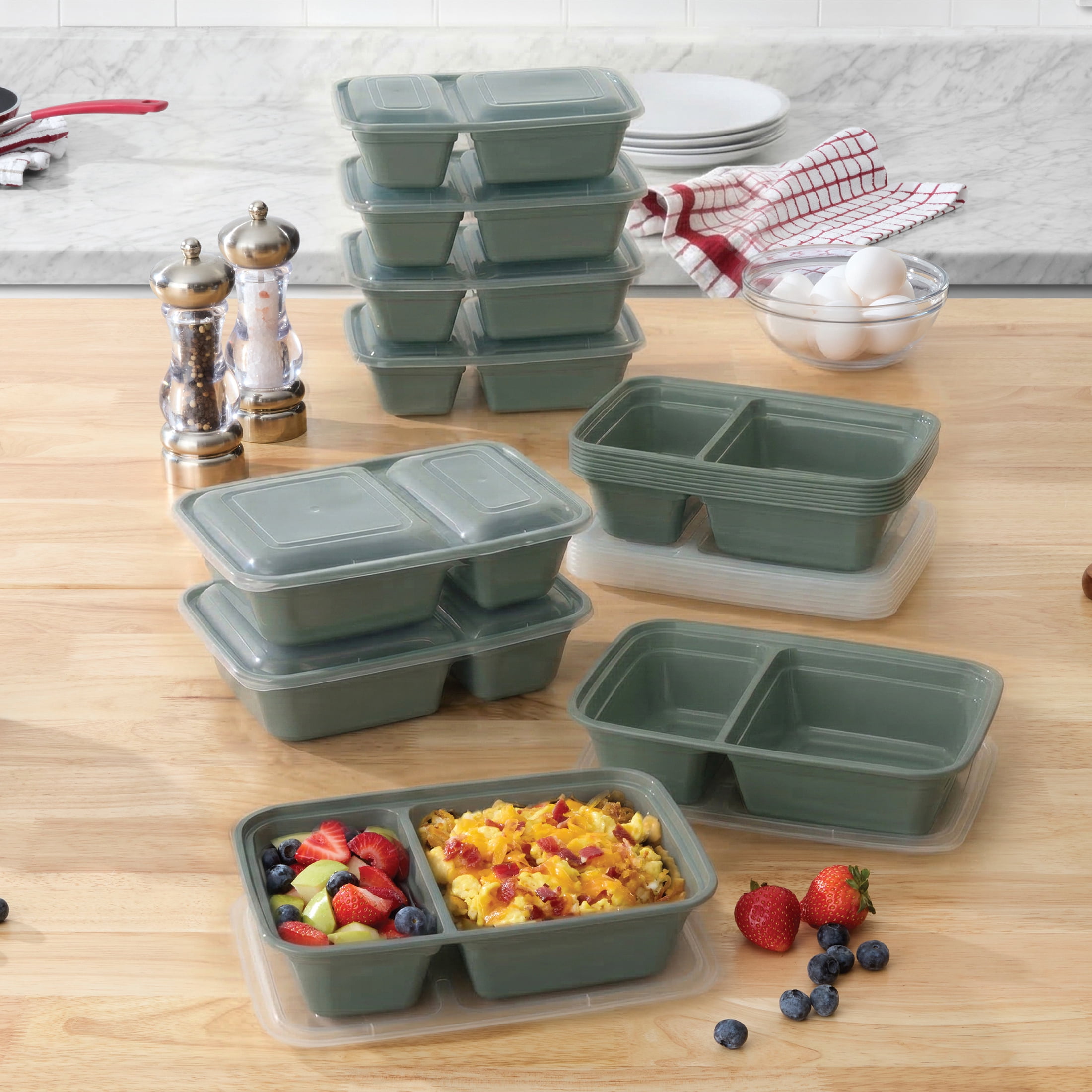 Mainstays 15-Pack 2-Compartment BPA-Free Meal Prep Food Storage Containers, Green Sage