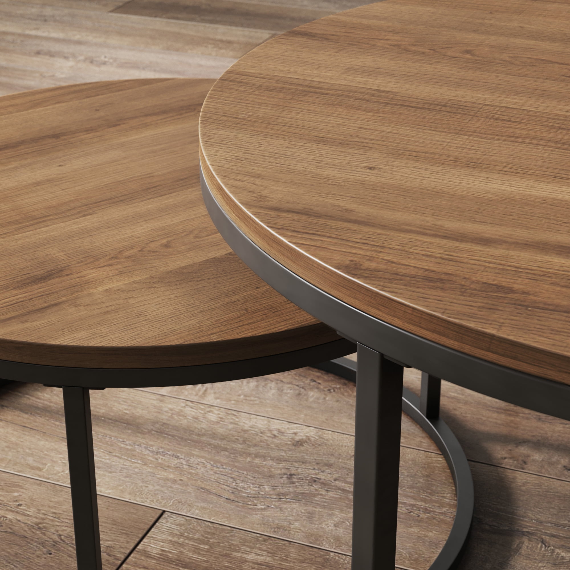 Nathan James Stella Round Modern Nesting Coffee Table Set of 2, Stacking Living Room Accent Cocktail Tables with an Industrial Wood Finish and Powder Coated Metal Frame, Reclaimed Oak/Black