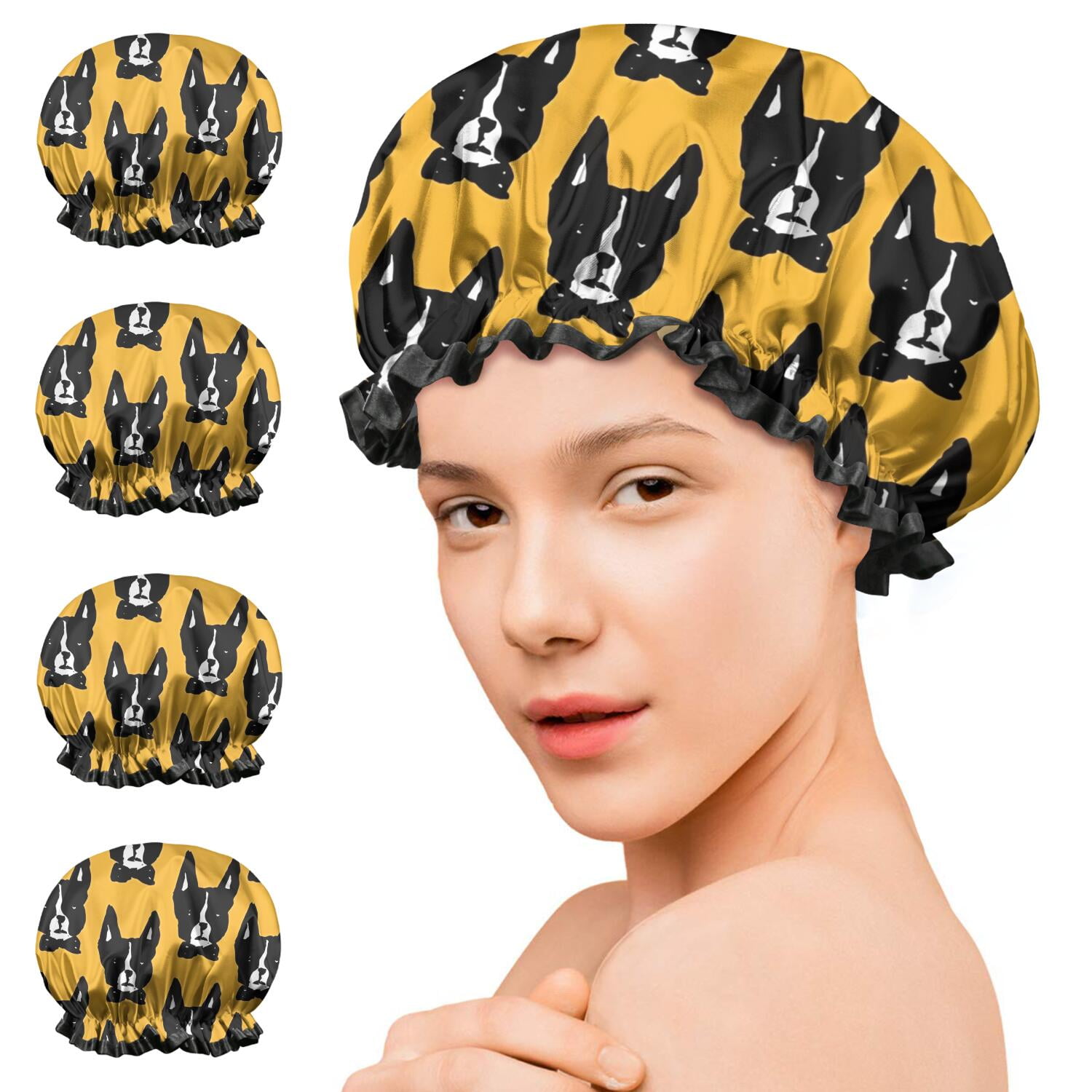 Shower Caps,Boston Terrier Waterproof Shower Cap for Women 4 Pieces,Double Reusable Hair Cover for Shower PEVA Elastic Stretch Hem