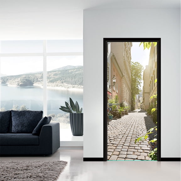 Waterproof Self-Adhesive Photo Mural Door Sticker City Street View Cafe Living Room Door Decoration 3D Wallpaper,SP-F458,S(38.5x200cmx2Pcs)