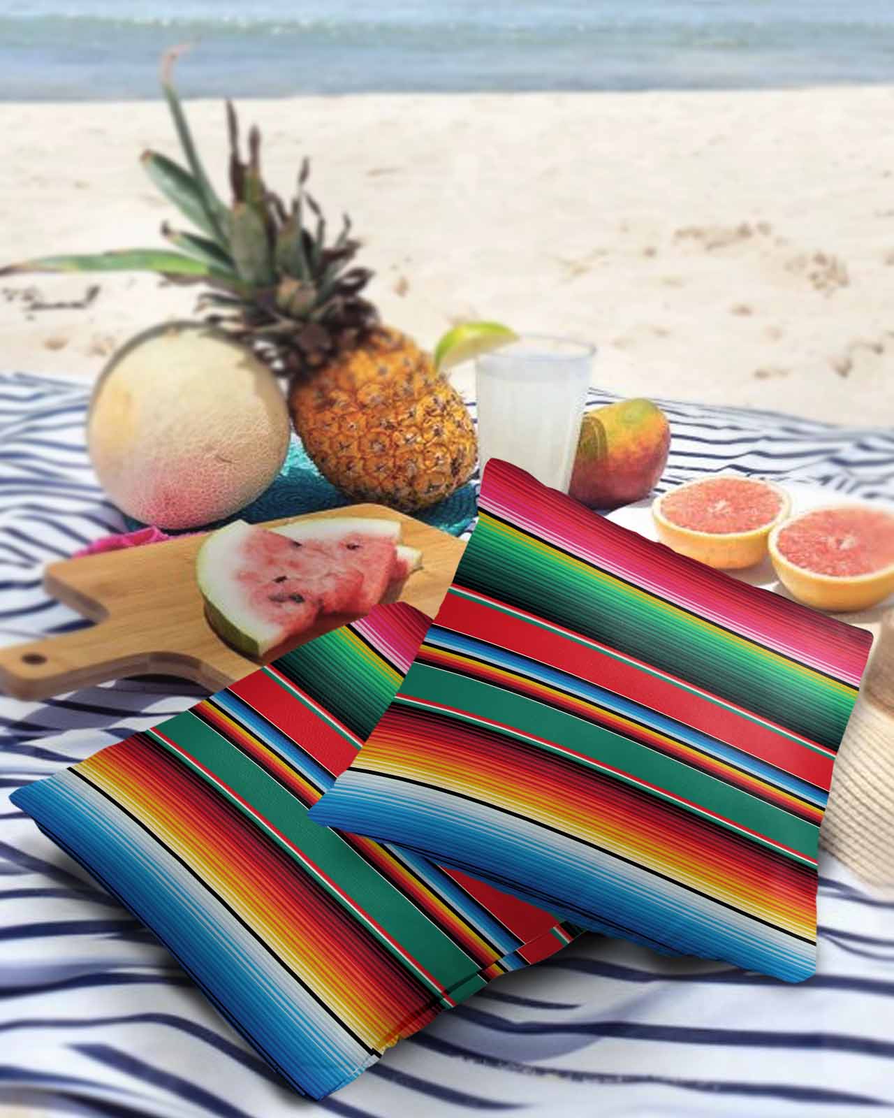 Pack of 2 Outdoor Pillow Covers, Colorful Mexican Stripes Green Red Blue Waterproof Square Throw Pillowcase Cushion Decorative Pillow Covers for Couch Patio Tent, 18x18 in