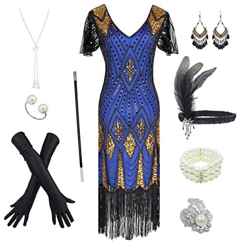 Robe à Franges Longues à Sequins Inspirée des Années 1920 pour Femmes Gatsby avec Ensemble d'Accessoires, Bleu, TTG