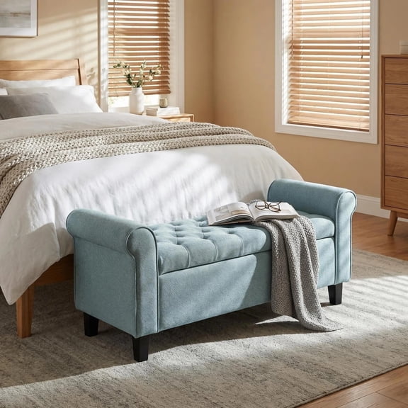 Christopher Knight Home Storage Bench with Rolled Arms and Button Tufted Seat, Light Blue