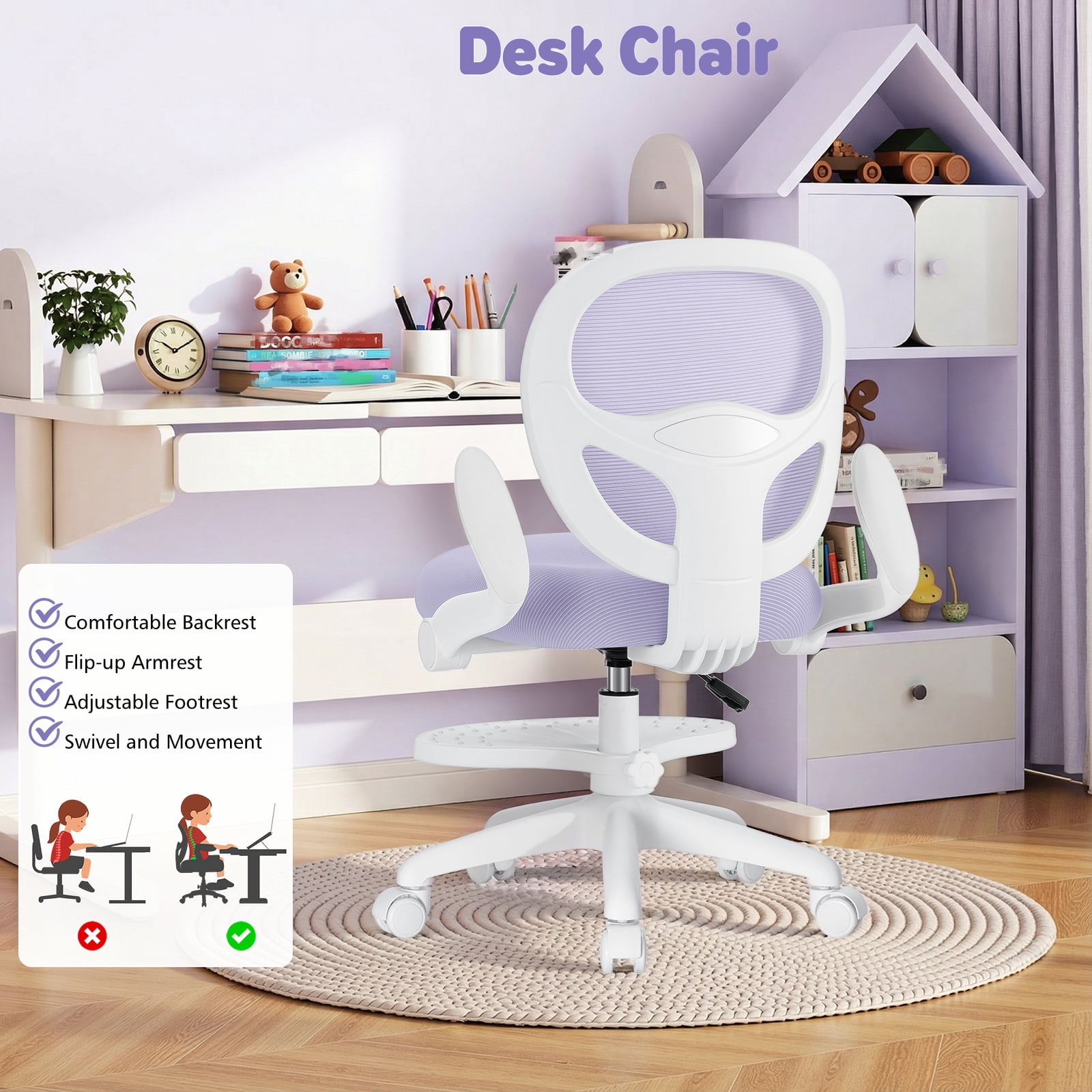 Hoffree Kids Desk Chair with Flipped Arms Wheels Ergonomic Study Chair with Footrest Adjustable Height Rolling Desk Chair for Teens Boys Girls in Study Room Purple