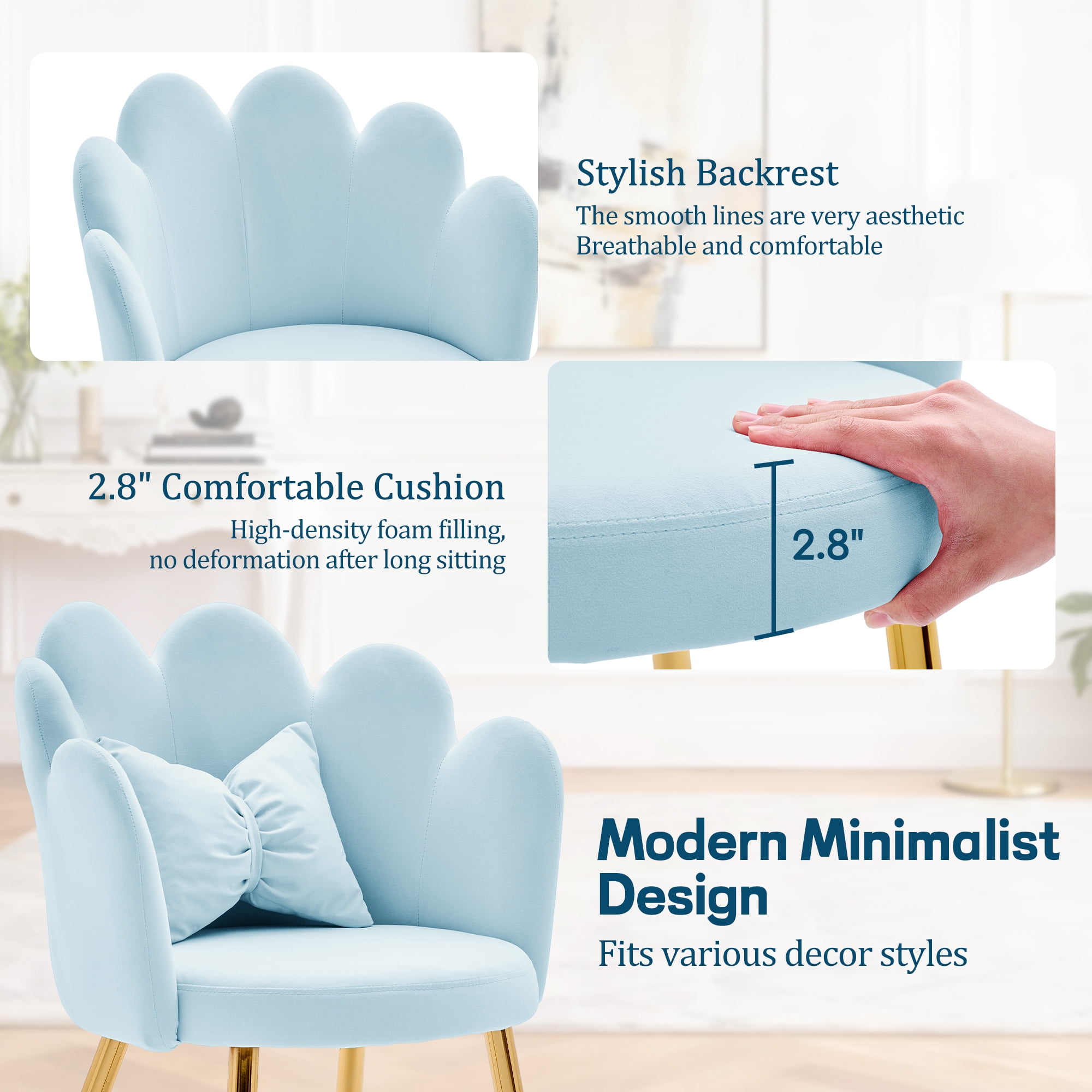 Korser Vanity Makeup Chair Comfy Accent Chair Small Office Chair with Flower Back and Lumbar Pillow for Living Dining Room,Bedroom,Velvet,Blue