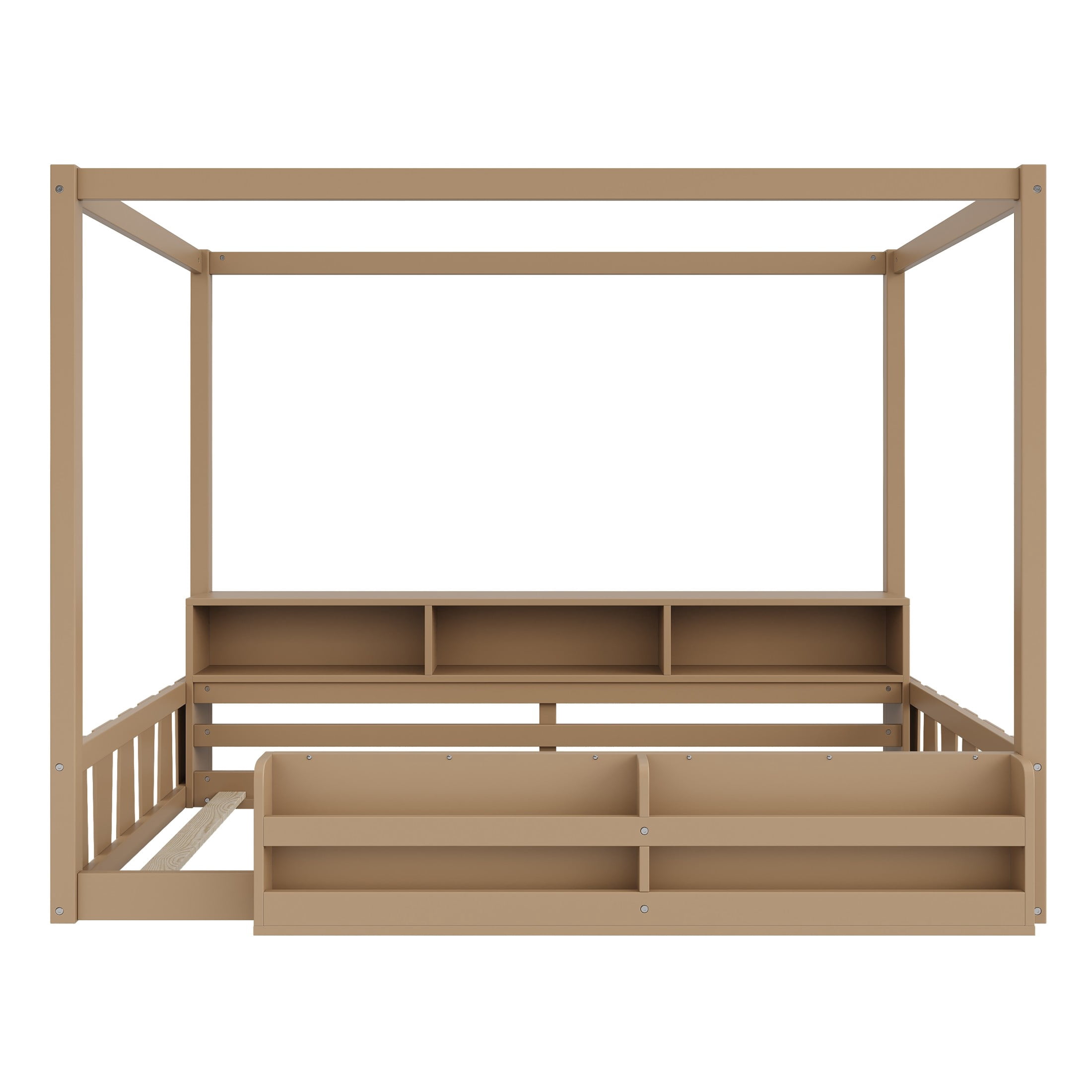 GDF Studio Misol Twin Size Montessori Canopy Floor Bed with Storage & Guardrails, Pine Wood Kids Bed Frame, Dark Brown