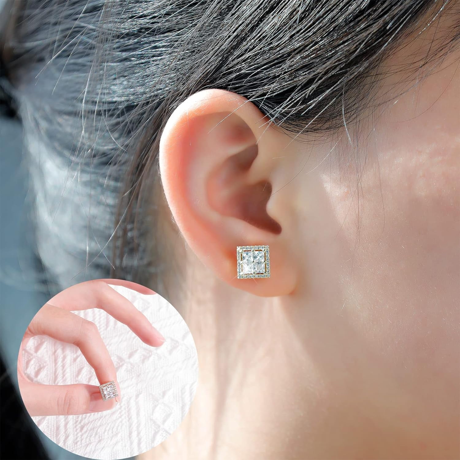 Square Screw Stud Earrings For Men 5A+ Cubic Zirconia 925 Sterling Silver Screw Stud Back Square Flat Cartilage Hypoallergenic Stud Earrings