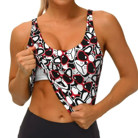 Qokaie French Bulldog1 Pattern Womens Scoop Neck Sports Bra Breathable Workout Vest Padded U Back Medium Impact Fitness Gym Yoga Bra Workout Crop Top