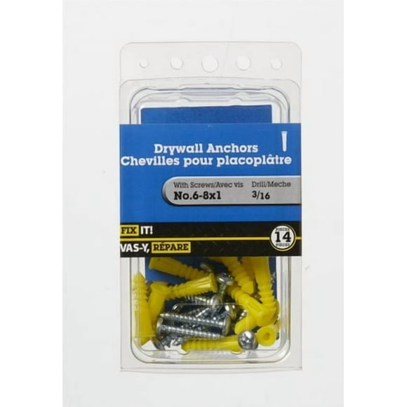 Chevilles d'ancrage en plastique avec vis 6-8 x 1 po, 14 pièces Les ancrages de plastique sont utilisés pour supporter sur une cloison sèche des charges légères sans la fixation à un montant ou dans la maçonnerie.