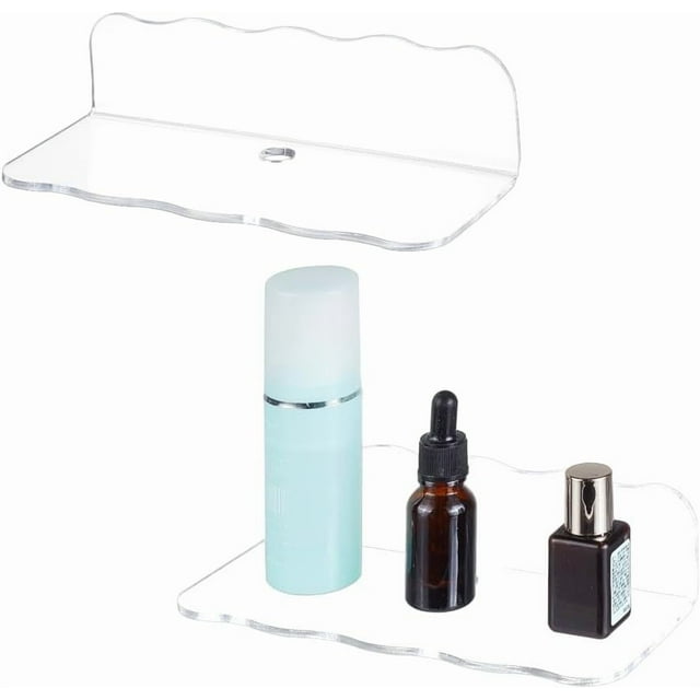 Paquete de 2 estantes flotantes acrílicos para pared, transparentes, adhesivos, organizador de pared con pegatinas