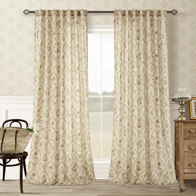 Cortinas de lino con estampado floral marrón tostado, 240 x 245 cm, 2 paneles
