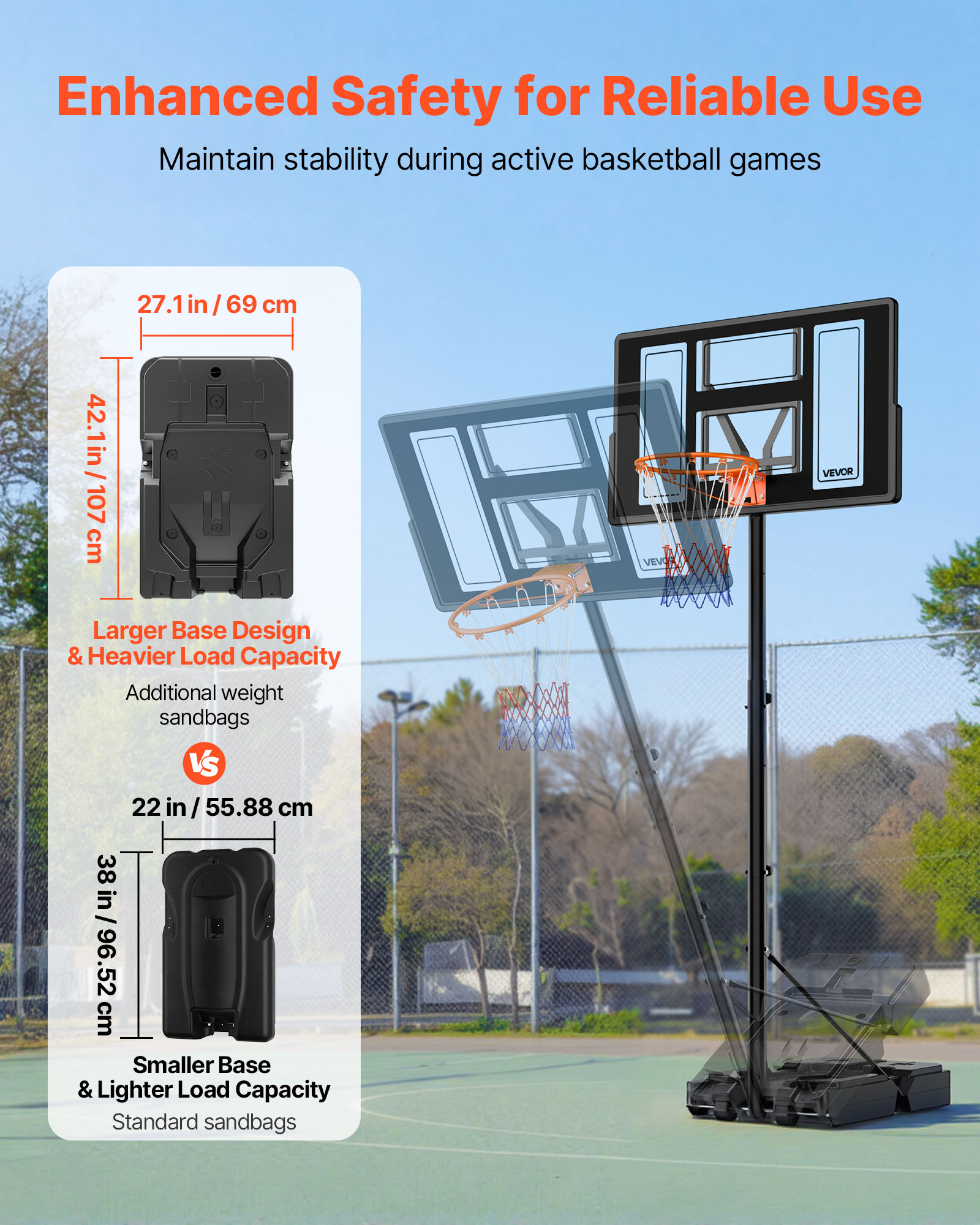 VEVOR Portable Basketball Stand, 4.4 ft to 10 ft Height Adjustment Basketball Hoop & Goal, Adjustable Basketballs Goal System with Built-in Rolling Wheels for Kids, Teens, Adults in Driveways, Pools