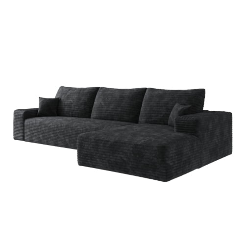 107" Black Plush Corduroy Modular Sectional Sofa with Reversible L-Shape Chaise and Deep Seat, No Assembly Cloud Couch