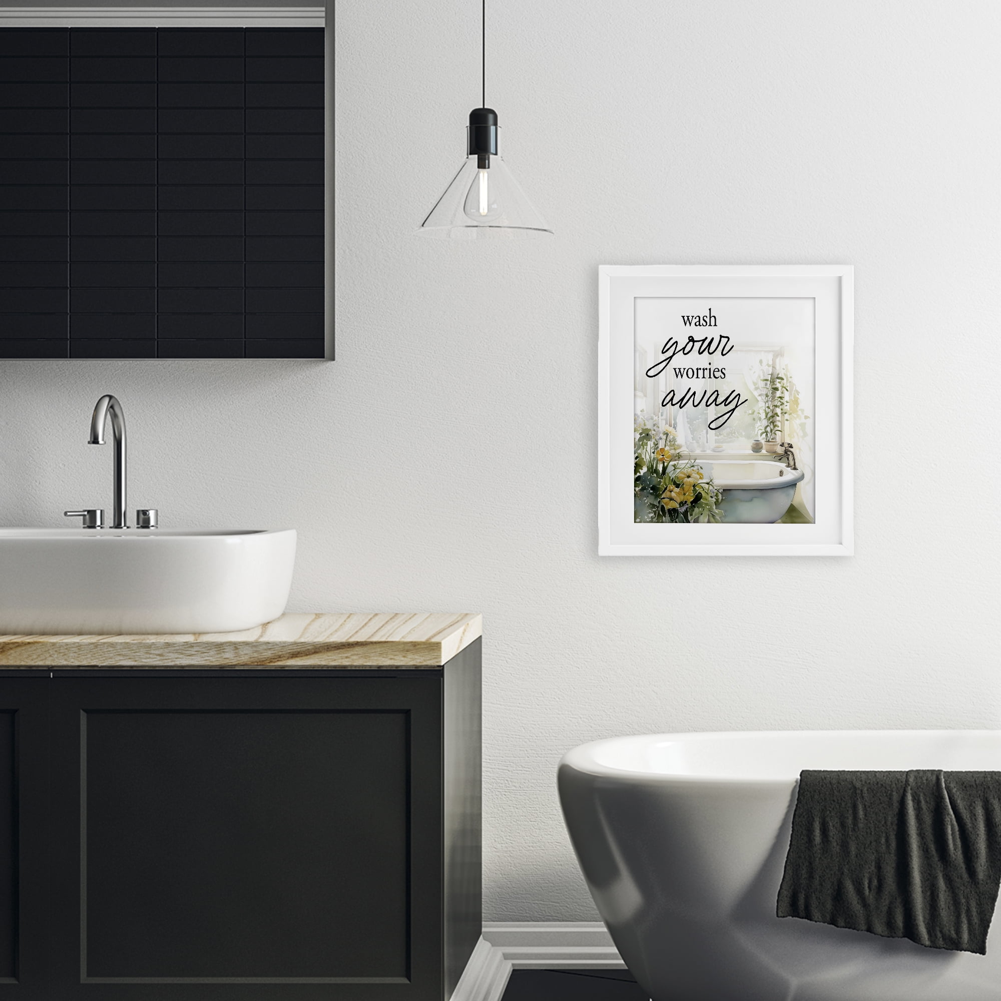 Wash Worries Away Sunlit Bath White Framed Print Under Glass, design by Lettered and Lined