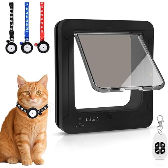 Smart Cat Door for Interior & Exterior, Flap Opening is 7.67’’ (H) by 7'' (W), RFID Cat Pet Door with 3 RFID Collar Sensor Keys & 1 Remote & 4 Way Locking Cat Flap, Automatic Opening Cat Door (Black)