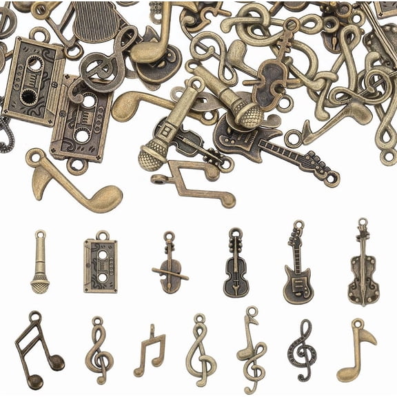 78Pcs 13 Styles Musical Instrument Charms Music Charm Bulk Small Bronze Music Notes Tibetan Charms Note Charm for Jewelry Making Charms Keychain Dangles Earring Necklace DIY Crafts Antique Bronze