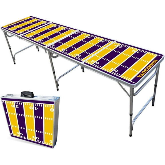 8-Foot Folding Portable Pong Table w/Optional Cup Holes & LED Lights - Minnesota Football Field (Choose Your Model)