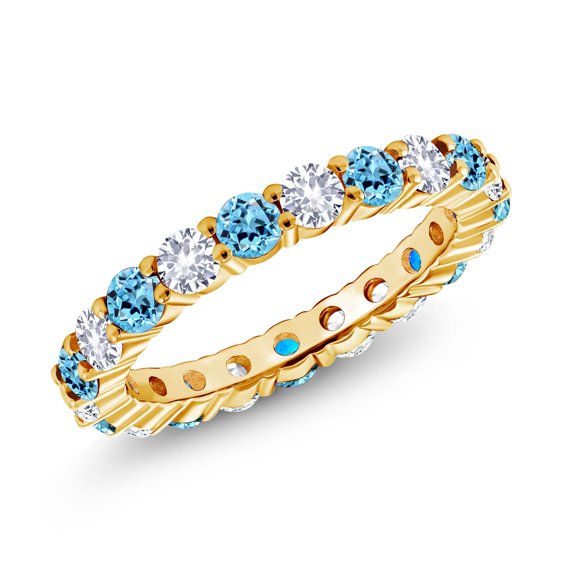 Gem Stone King 1.50 Cttw Round Swiss Blue Topaz and White Created Sapphire 18K Yellow Gold Plated Silver Eternity Band Alternate Ring | Round 3MM (Size 9)