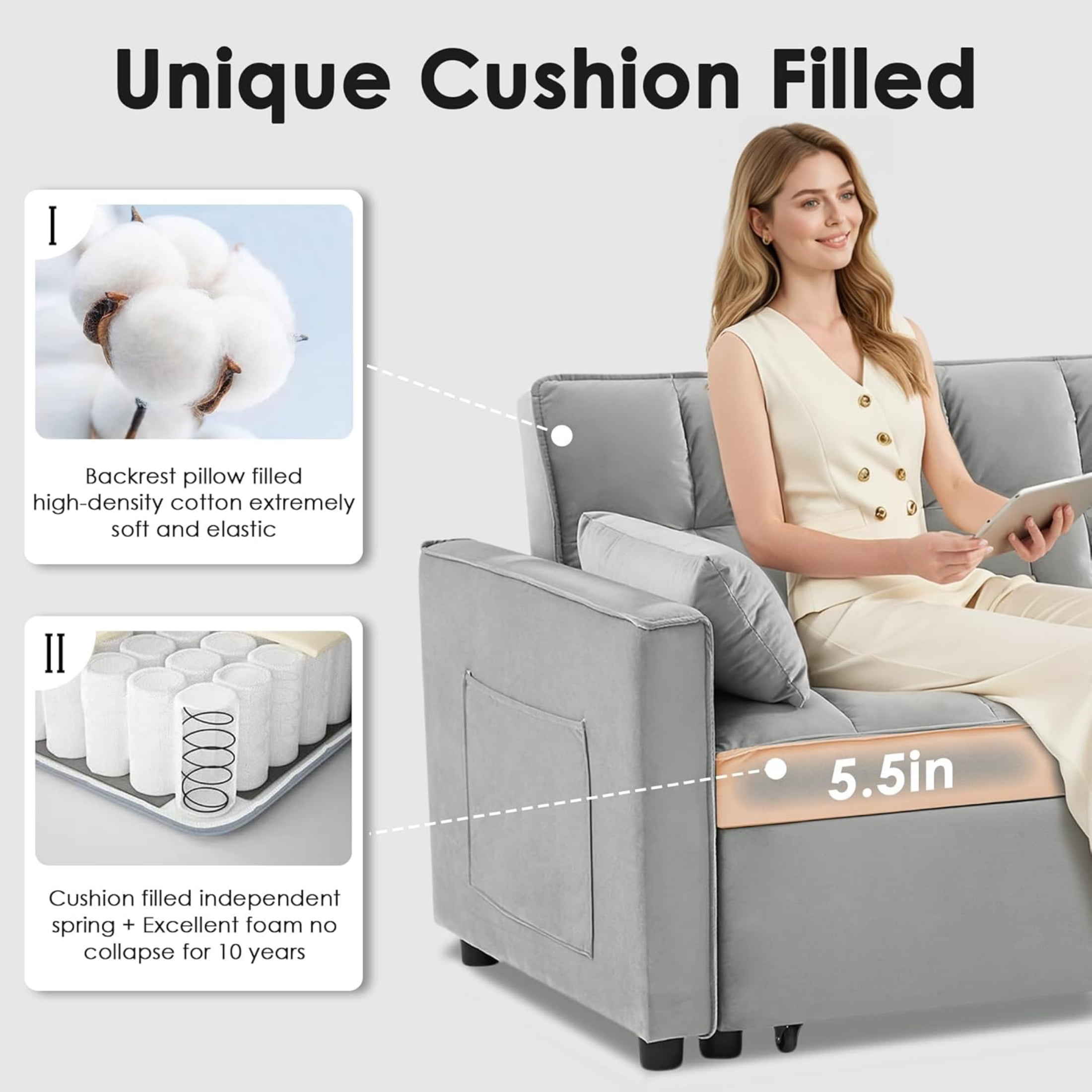 Vinform 54" 3 in 1 Convertible Sleeper Sofa Bed, Pull Out Loveseat Couch with Storage Pocket, Light Gray
